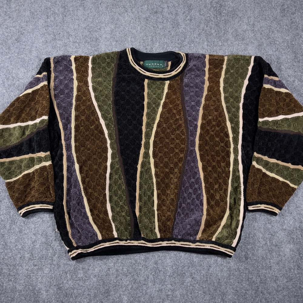 Vintage Tundra Canada 3D Knit Sweater Mens 2X Multicolor Textured Wavy Stripe
